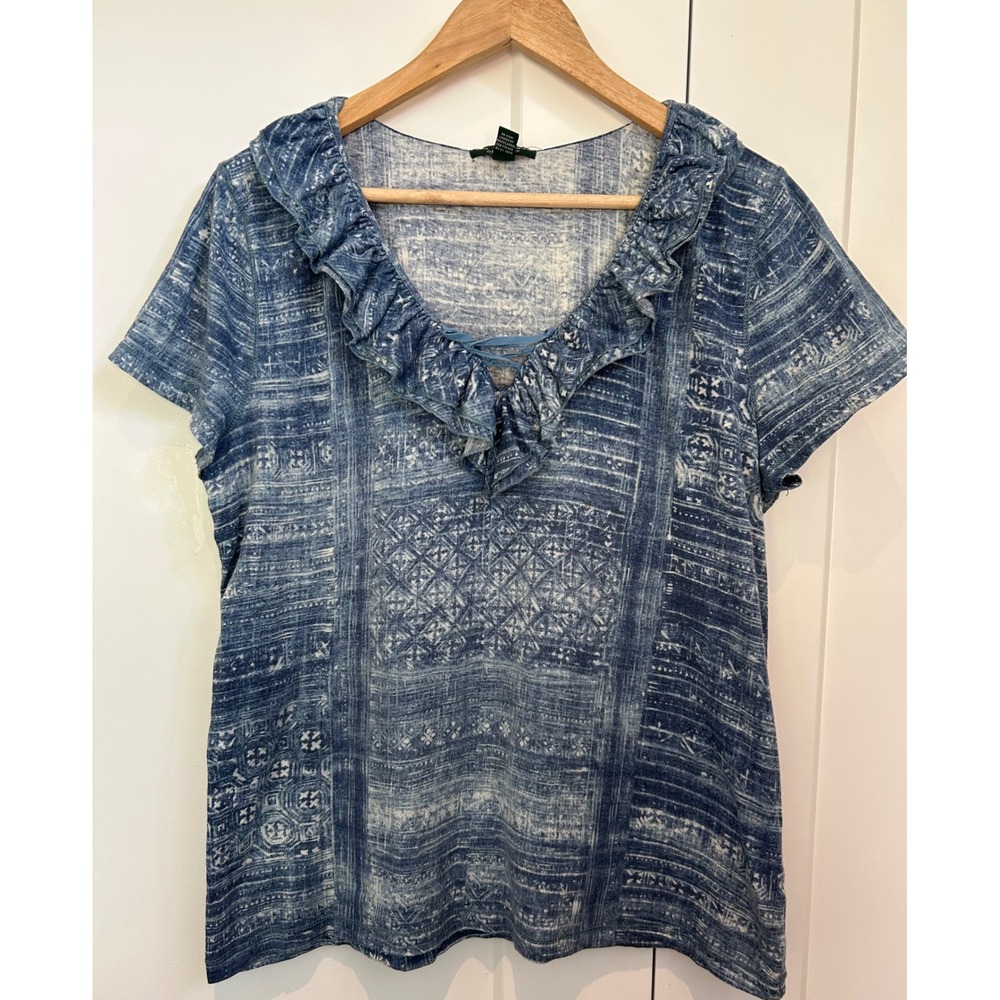 Lauren Ralph Lauren Jeans Co Blue Indigo Tile Print Ruffle Lace Up Top XL Cotton